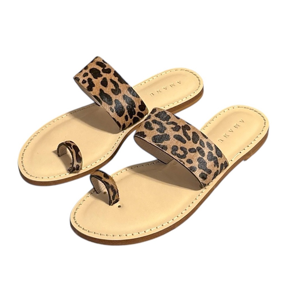Amanu Leather Calf Hair Leopard Sandals - Picture 2 of 5